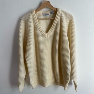 Vintage 80s 90s Cream Knit V Neck Sweater